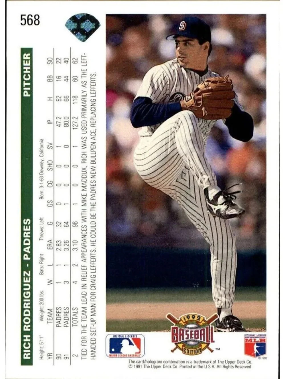 Rich Rodriguez 1992 Upper Deck MLB #568 Baseball Card San Diego Padres